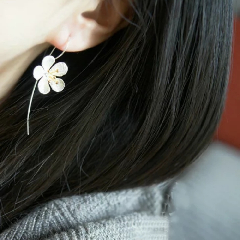 925 Silver Gold Long Feed Through Flower Earrings - Picture 4 of 5